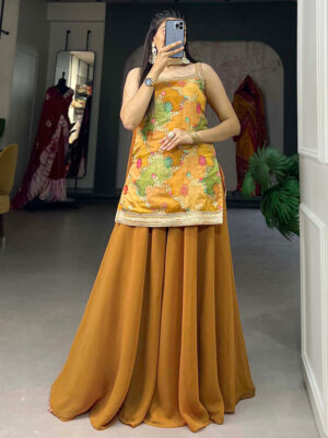 Mustard Color Jacquard Weaving Work Plazo Suit
