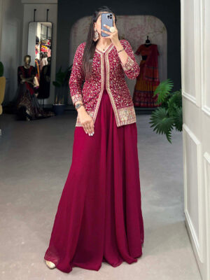Rani Pink Color Embroidery Work Georgette Plazo Suit