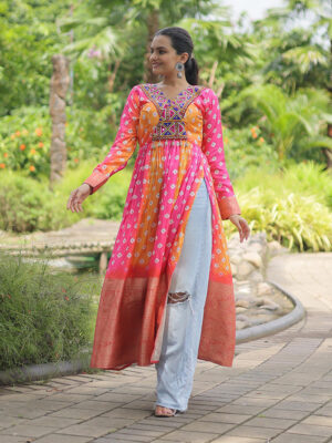 Yellow Pink Color Cotton Printed Navratri Kurti