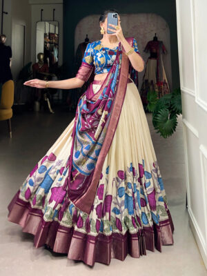 Off-White Color Jacquard Dola Silk Printed Lehenga Choli