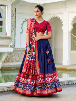 Navy Blue Color Tussar Silk Patola Printed Lehenga Choli