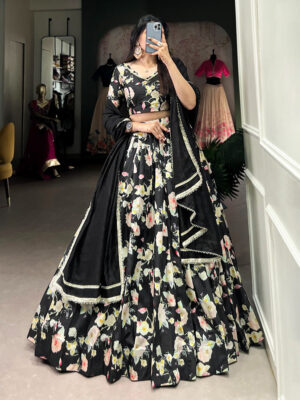 Black Color Tussar Silk Floral Printed Lehenga Choli