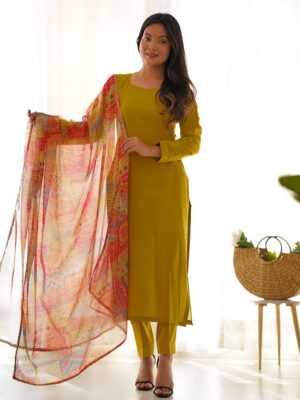 Yellow Color Viscose Ready To wear Three Piece Kurti Suit