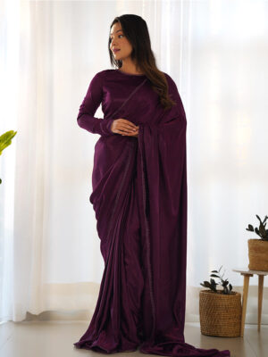 Wine Color Marble Velvet Pre Drapped Saree