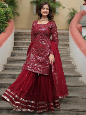 Maroon Color Faux Georgette Embroidered Sharara Suit