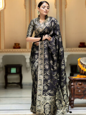 Black Color Banarasi Jacquard Zari Weaving Saree
