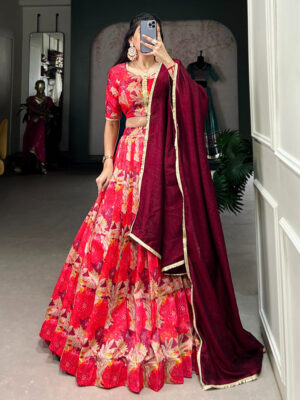 Red Color Tussar Silk Floral Printed Lehenga Choli