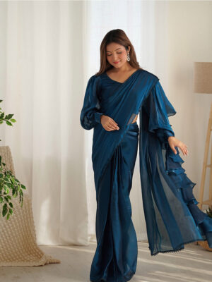 Teal Blue Color Jimmy Choo Pre Drapped Saree