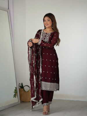 Maroon Color Rangoli Silk Three Piece Kurti Suit