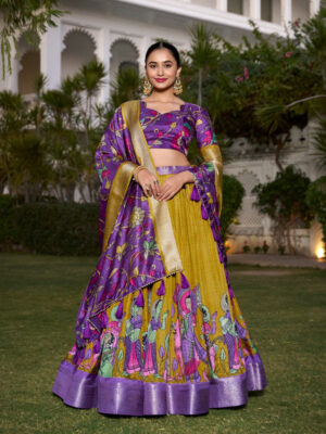 Mustard Color Dola Silk Kalamkari Printed Lehenga Choli