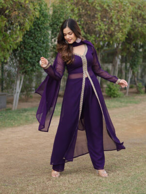 Western Designer Wine Color Georgette Three Piece Kurti Suit