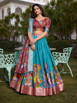 Firozi Color Dola Silk Kalamkari Printed Lehenga Choli