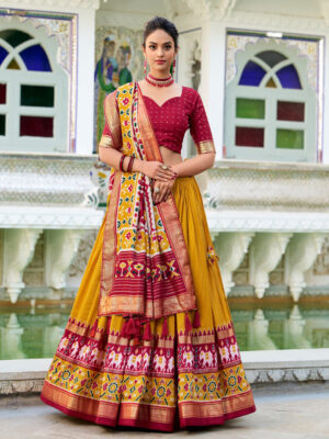 Mustard Color Tussar Silk Patola Printed Lehenga Choli