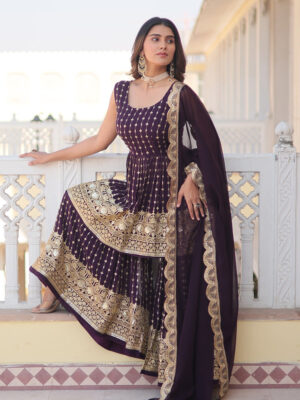 Designer Dark Wine Color Three Piece Gharara Suit