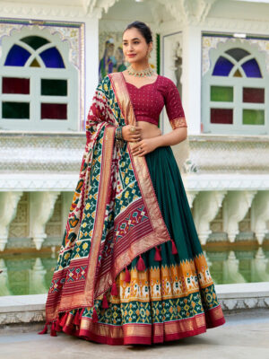 Green Color Tussar Silk Patola Printed Lehenga Choli