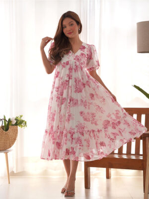 Baby Pink Color Georgette Floral Printed Tunic