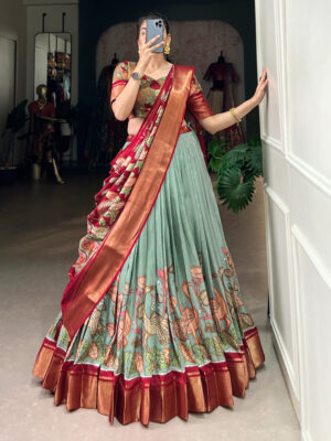 Sea Green Color Jacquard Dola Silk Printed Lehenga Choli