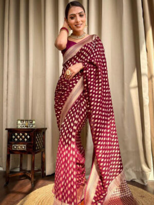 Beautiful Maroon Color Banarasi Jacquard Weaving Saree