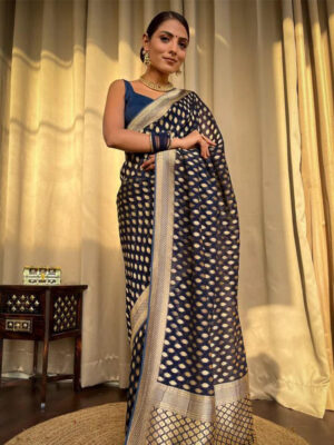 Beautiful Navy Blue Color Banarasi Jacquard Weaving Saree