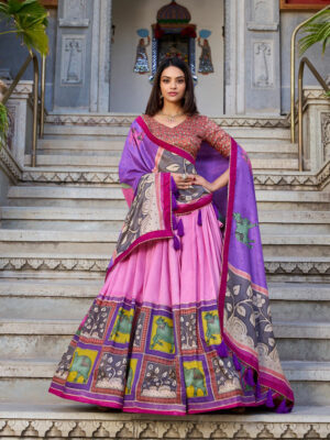 Peach Color Tussar Silk Kalamkari Printed Lehenga Choli