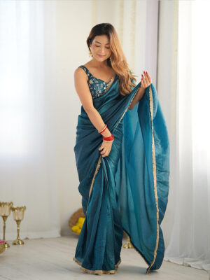 Teal Blue Color Tissue Silk Pre Drapped Saree