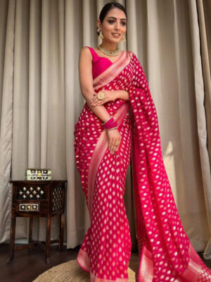 Beautiful Rani Pink Color Banarasi Jacquard Weaving Saree