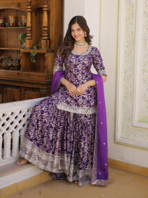 Purple Color Viscose Jacquard Three Piece Gharara Suit