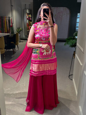 Rani Pink Color Gaji Silk Three Piece Sharara Suit