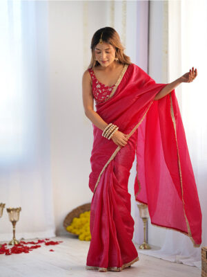 Rani Pink Color Tissue Silk Pre Drapped Saree