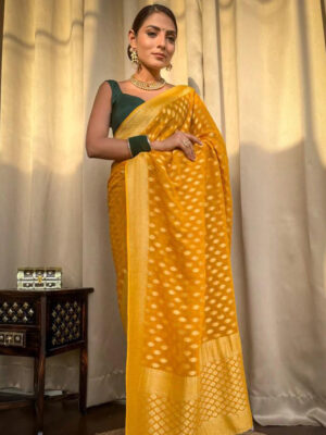 Beautiful Yellow Color Banarasi Jacquard Weaving Saree