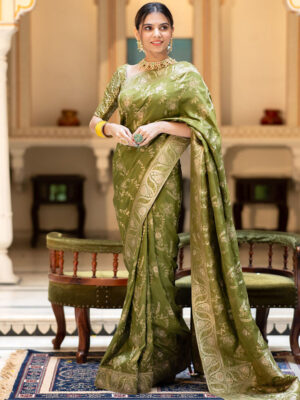 Mehndi Color Banarasi Jacquard Zari Weaving Saree