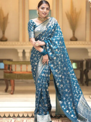 Rama Color Banarasi Jacquard With Zari Work Saree