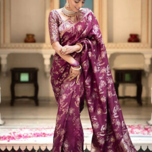 Wine Color Banarasi Jacquard Zari Weaving Saree