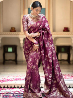 Wine Color Banarasi Jacquard Zari Weaving Saree
