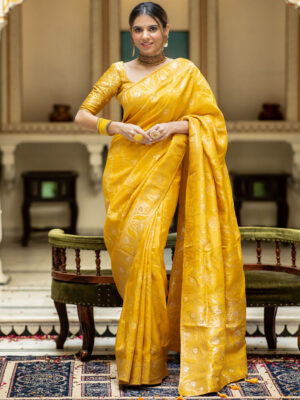 Yellow Color Banarasi Jacquard Zari Weaving Saree