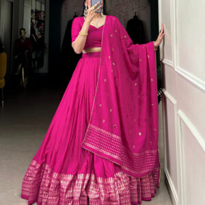 Pink Color Pure Chanderi Plain Navratri Lehenga Choli