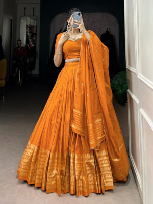 Yellow Color Pure Chanderi Plain Navratri Lehenga Choli