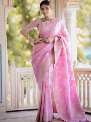 Pink Color Banarasi Jacquard Zari Weaving Saree