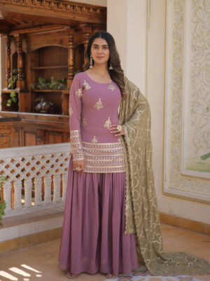 Beautiful Onion Color Georgette Three Piece Plazzo Suit