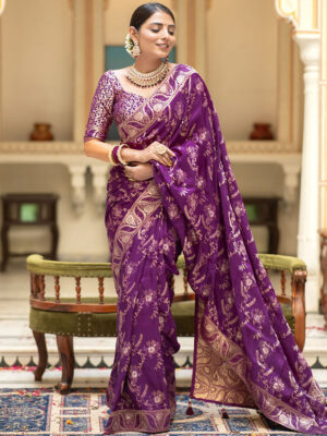 Purple Color Banarasi Jacquard Zari Weaving Saree