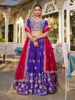 Purple Color Vichitra Silk Thread Embroidered Lehenga Choli
