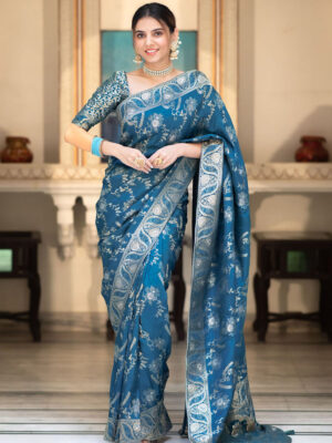 Rama Color Banarasi Jacquard Zari Weaving Saree