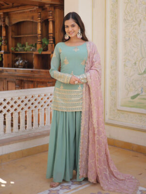 Beautiful Bottle Green Color Georgette Three Piece Plazzo Suit