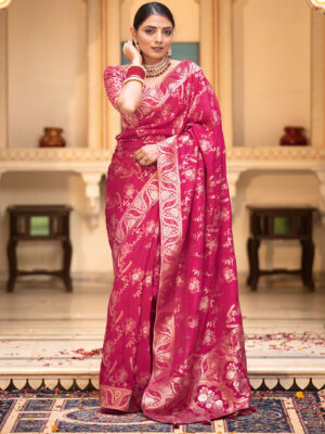 Rani Pink Color Banarasi Jacquard Zari Weaving Saree