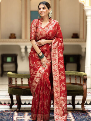Red Color Banarasi Jacquard Zari Weaving Saree