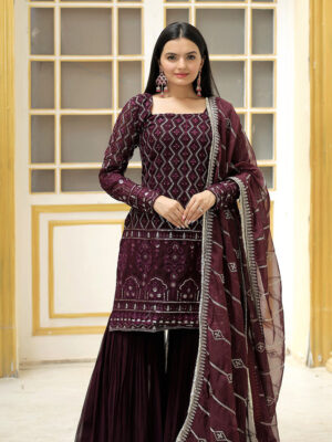 Wine Color Three Piece Sharara Suit