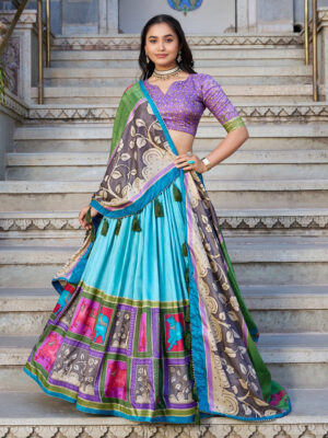 Sea Green Color Tussar Silk Kalamkari Printed Lehenga Choli
