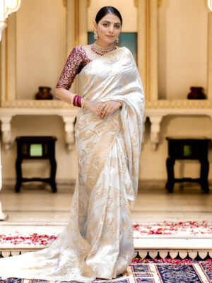 White Color Banarasi Jacquard Zari Weaving Saree