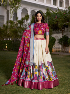 Off-White Color Dola Silk Kalamkari Printed Lehenga Choli