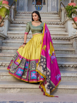 Mustard Color Tussar Silk Kalamkari Printed Lehenga Choli